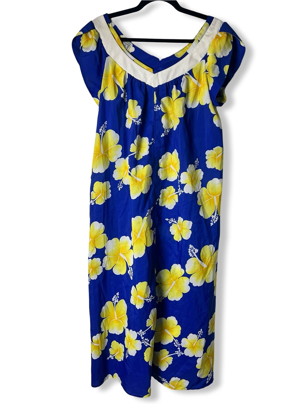 Vintage Hilo Hattie Hawaiian Blue Yellow Hibiscus Muumuu Dress Sz 12